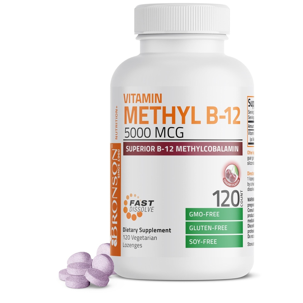 Bronson Methyl B12 5000 mcg Vitamin B12 Methylcobalamin Energy & Brain Support, 120 Lozenges