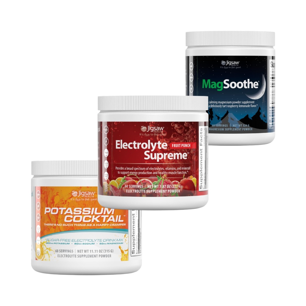 Jigsaw Pickleball Hydration Stack | Potassium Cocktail (Orange), Electrolyte Supreme (Fruit Punch), and MagSoothe (Raspberry Lemonade), 60 Servings (Jar)