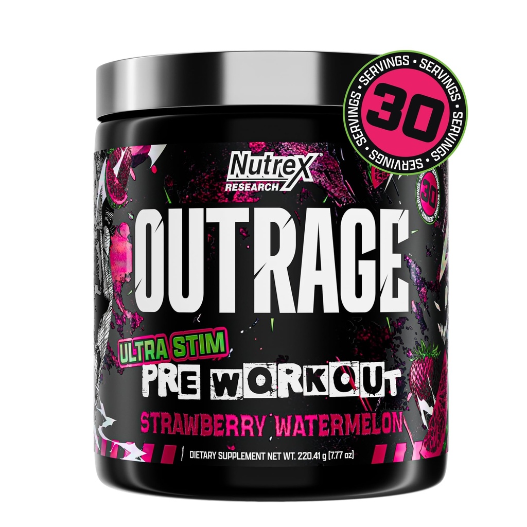 Outrage Ultra HIGH STIM Pre-Workout Powder for Men | 400mg Caffeine, L-Citrulline, Beta-Alanine, Creatine | Extreme Energy, Focus, Strength & Endurance (30 Servings, Strawberry Watermelon)