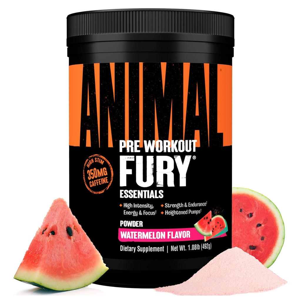 Animal Fury Pre Workout Powder Supplement for Energy and Focus 5g BCAA 350mg Caffeine Nitric Oxide Without Creatine Powerful Stimulant for Bodybuilders, Watermelon