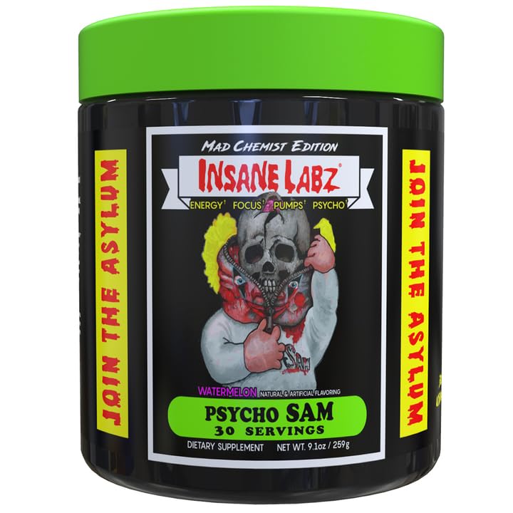 Insane Labz Psycho Sam, High Stimulant Pre Workout Powder, 30 Srvgs (30 Servings (Pack of 1), Watermelon