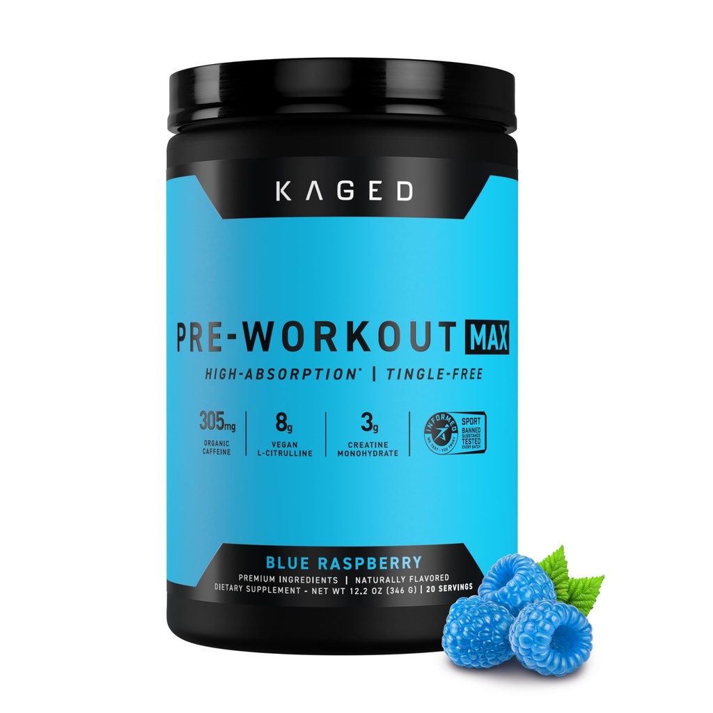 Kaged Pre Workout MAX Powder | Blue Raspberry | Tingle Free, High Stim Pre-Workout | 305 mg Caffeine, Creatine, L-Citrulline | MAXCatalyst for Absorption | Supplements for Men & Women | 20 Servings