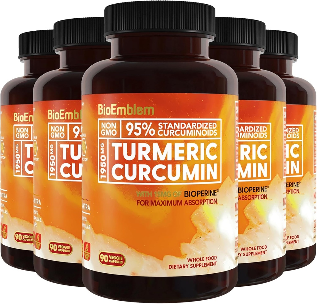 BioEmblem Turmeric Curcumin Suplemento con BioPerine ← Soporte Conjunto " Salud del Corazón Silencioso con Pólvora Turmerica Orgánica " 95% Curcuminoides Extracto  California Made, Non-GMO, 150-Day Supply
