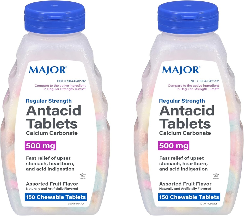 MAJOR Tablas de antácidos de fuerza regular - Carbonato de calcio 500 mg - Sabor de frutas surtido - 150 Conde de Chewable (2 Pack)