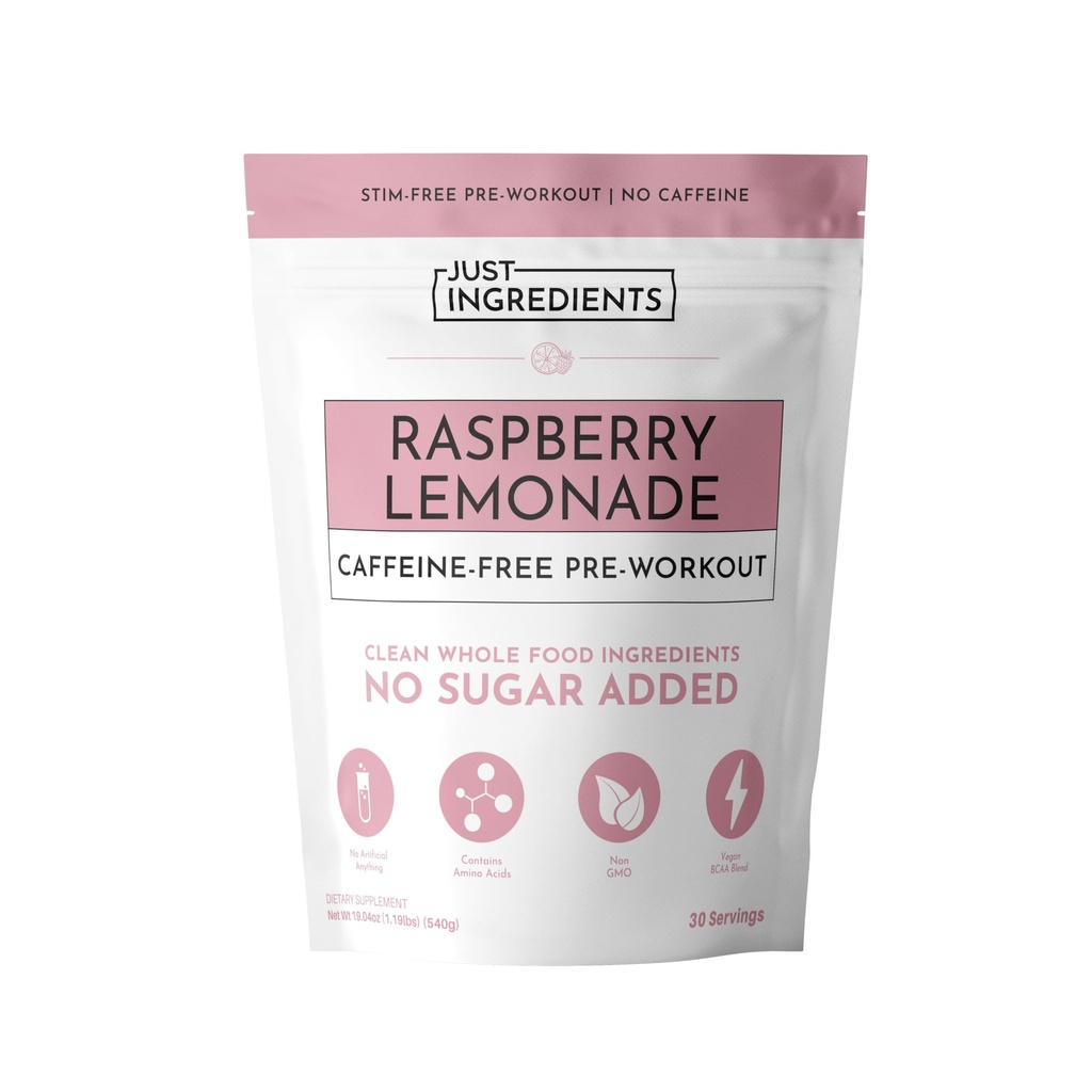 JUST INGREDIENTS Pre-Workout Raspberry Lemonade - Caffeine-Free, Plant-Based, BCAA Blend, Beta Alanine, Organic - 30 Servings