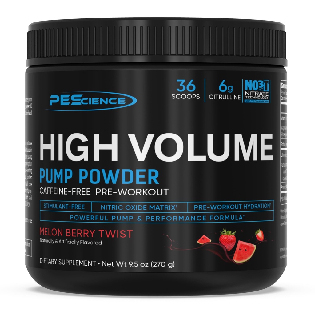 PEScience High Volume Stim-Free Pre-Workout Pump Powder, Caffeine-Free with L-Citrulline & L-Arginine Nitrate, Non-Stim Preworkout for Men and Women - 36 Scoops, Melon Berry Twist