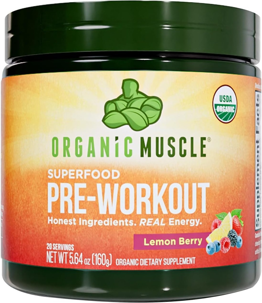 Organic Muscle Organic Pre Workout Powder, Lemon Berry — USDA Organic Superfood Blend | Maca, Beet Root, Cordyceps, Rhodiola | 150mg Natural Caffeine, Vegan, No Jitters, 20 Servings