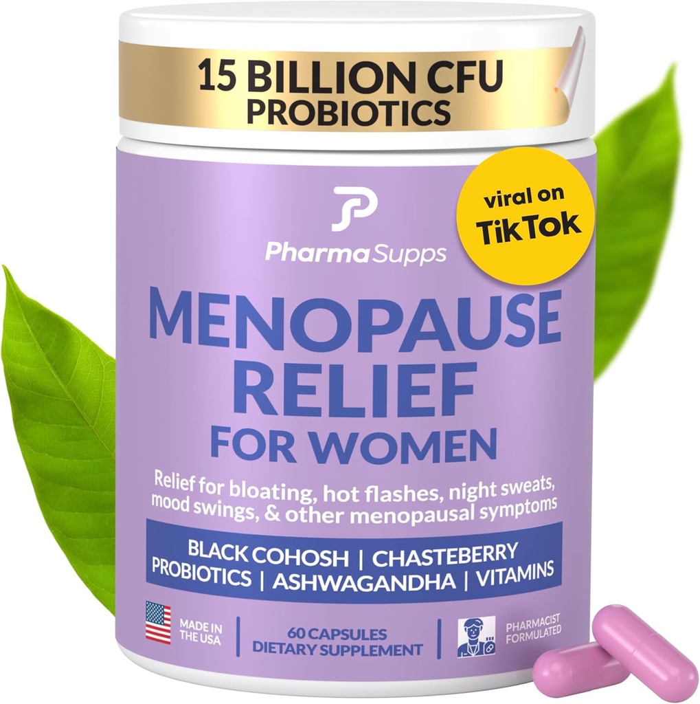Natural Menopause Supplements for Women - Perimenopause Supplements for Hormonal Balance, Bloating & Mood Swings | Hot Flashes Menopause Relief w/Probiotics & Prebiotics, Black Cohosh & Chasteberry