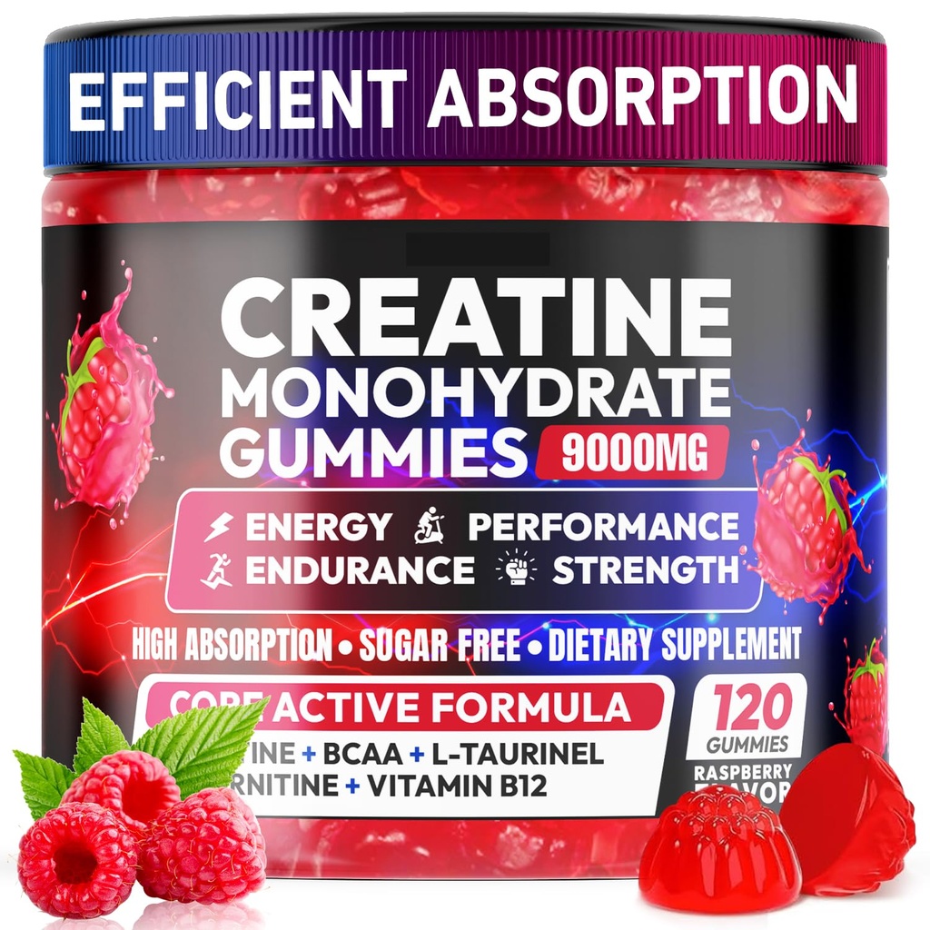 Creatine Gummies Monohydrate Complex 9000MG, Pre-Workout for Men & Women, Creatine Gummy with L-Taurine, BCAA 2:1, B12/6 for Muscle Support, Enhance Strength, Energy Boost-120 Count