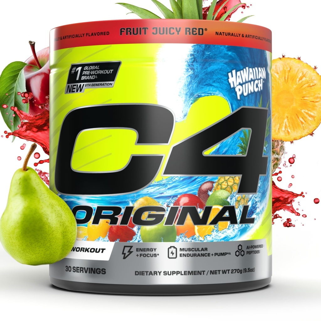 C4 Original Pre Workout Powder Sugar Free for Men & Women 200mg Caffeine + CarnoSyn Beta-Alanine + Creatine + AI Peptides - Hawaiian Punch, 30 Servings