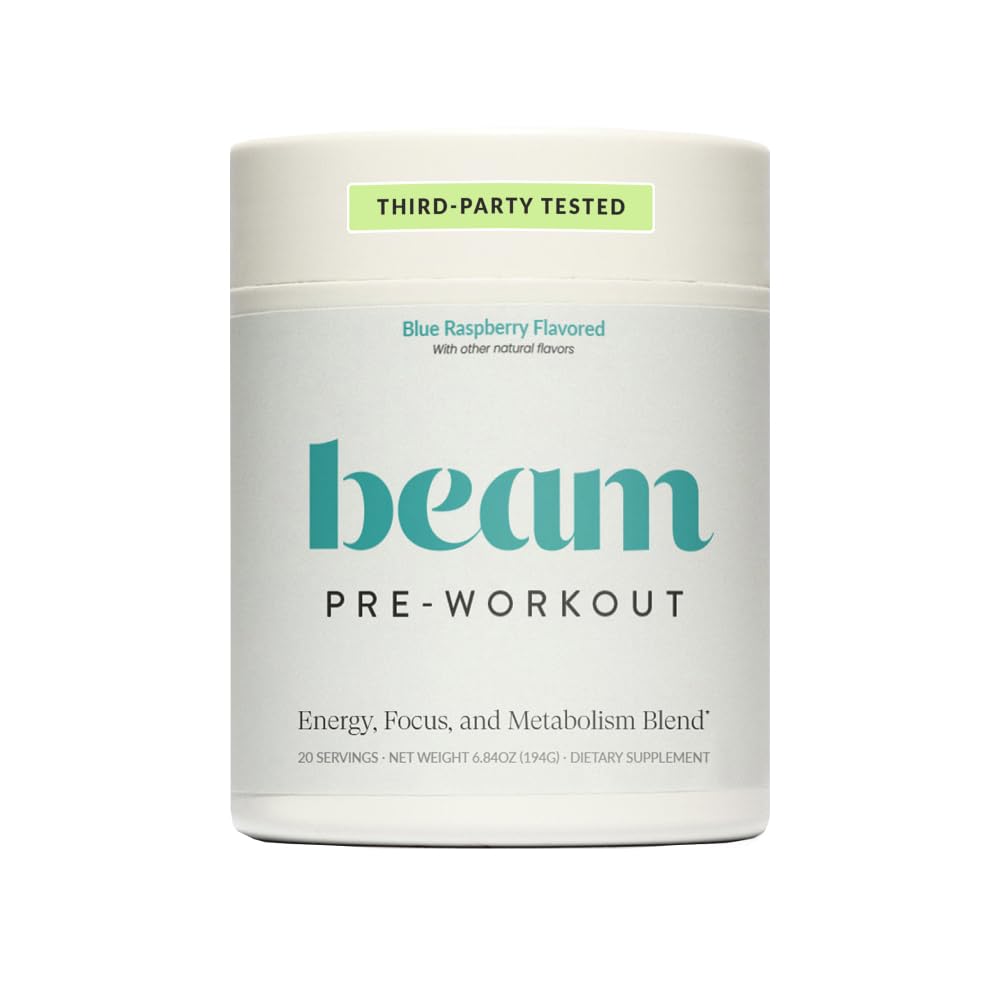 Beam Pre Workout Powder – Pre Workout Supplement with Organic Caffeine, 350 mg Electrolytes & Nootropic Focus Support, No Sugar, Pre Workout for Women & Men, Blue Raspberry Flavor, 20 Servings