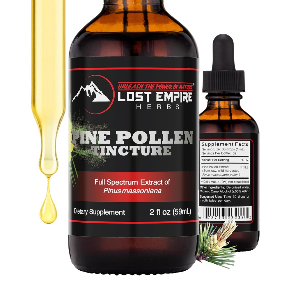 Lost Empire Herbs Pine Pollen Tincture Pine Pollen Liquid Extract for Testosterone - Alcohol Tincture is Superior for Better Absorption, 3rd Party Lab Tested (2 Ounce)