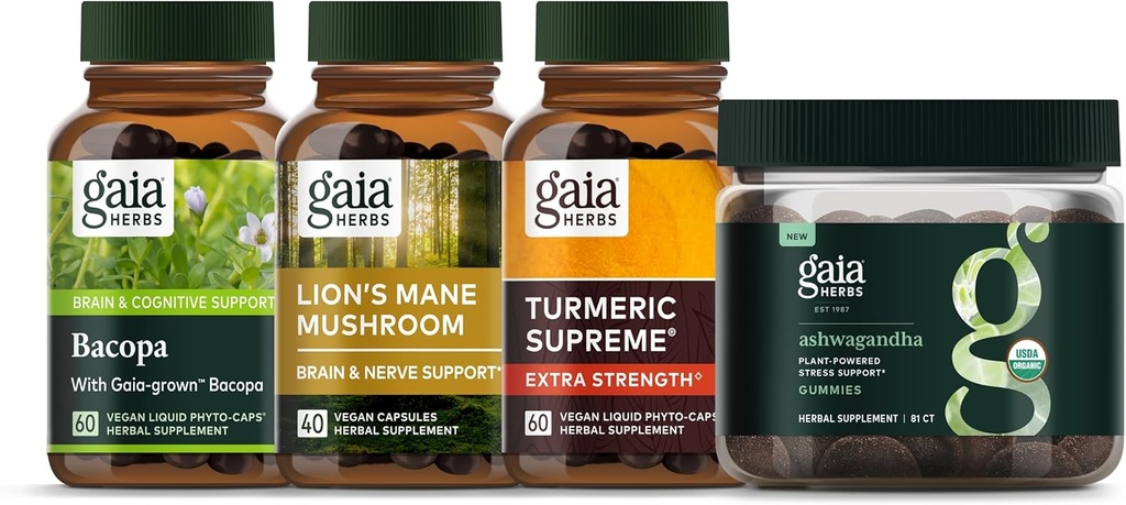 Gaia Herbs Focus Kit - Bacopa, león Mane Mushroom, Ashwagandha Gummies, Turmeric Supreme Extra Strength