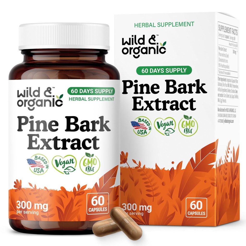 Wild & Organic Pine Bark Extract Capsules 300 mg - Antioxidant Support - 95% Proanthocyanidins - 60 Capsules - French Maritime Pine Bark Extract - 2-Month Supply - Pinus Maritima - Vegan, Non-GMO