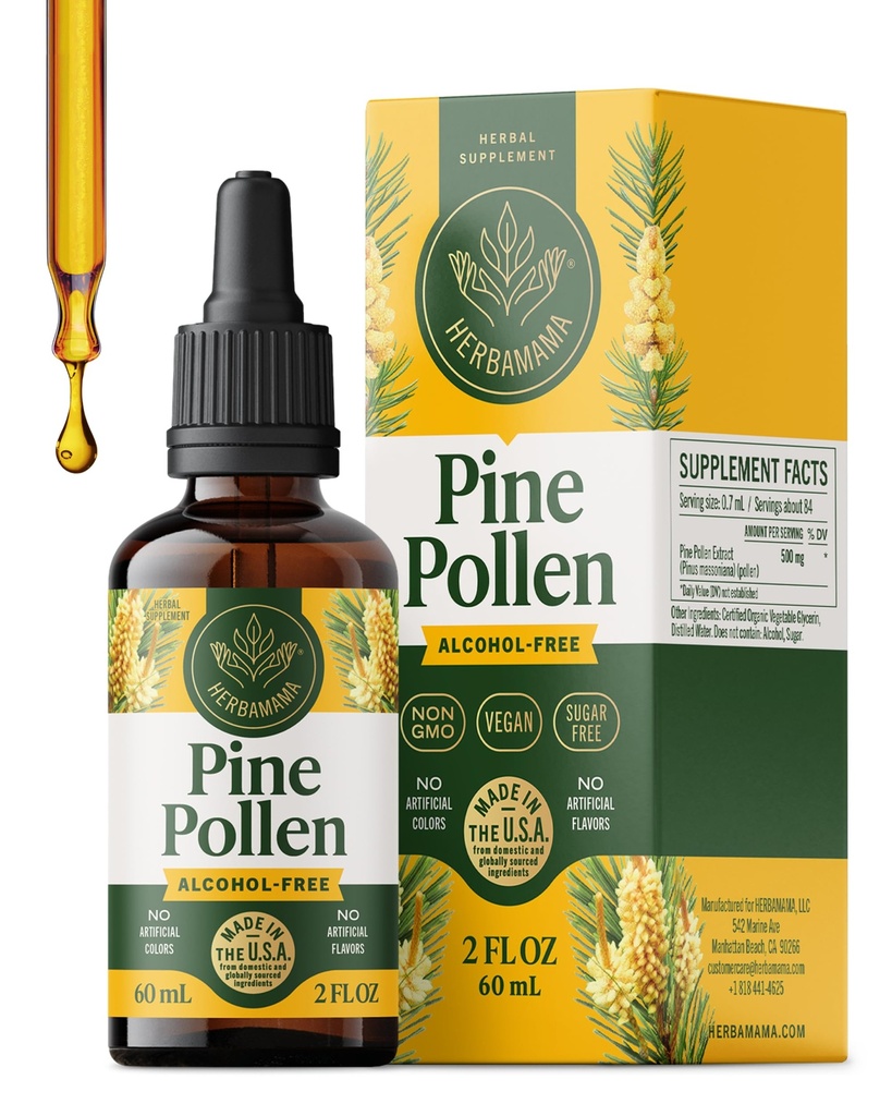 HERBAMAMA Pine Pollen Tincture - Vegan Immune Support with Pine Pollen Extract Drops - Non-GMO, Alcohol & Sugar-Free Liquid Supplement, 28-Day Supply