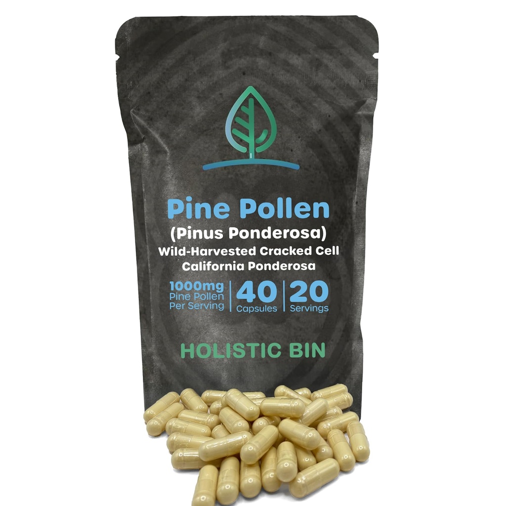 Holistic Bin Pine Pollen Capsules 500mg (Pinus Ponderosa) - Wild Harvested California Ponderosa Pine Pollen Powder - Olympic Grade - Organic, Non-GMO, No Fillers - 30 Day Supply (40 Capsules)