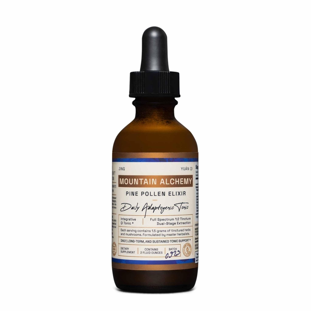 RAW Forest Foods Mountain Alchemy Pine Pollen Elixir Tincture – 1:2 True Dual–Stage Extraction – Daily Adaptogenic and Tonic Support – Single Origin – Men and Women – 2 Fl Ounce Bottle
