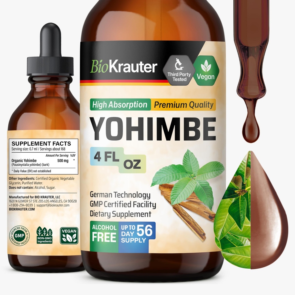 BIO KRAUTER® Yohimbine for Performance Support - Vegan Yohimbe Supplements for Men & Women 500 mg per Serving (Yohimbe Bark) 4 Fl.Oz., 56-Day Supply, Alcohol & Sugar Free Herbal Supplements