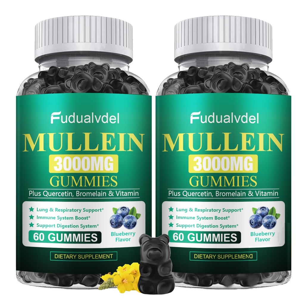 2 Packs 3000MG Organic Mullein Gummies for Lung, Mullein Leaf Extract for Lungs - Quercetin, Bromelain for Respiration，Immune and Digestive Support, 120 Count Blueberry Gummys
