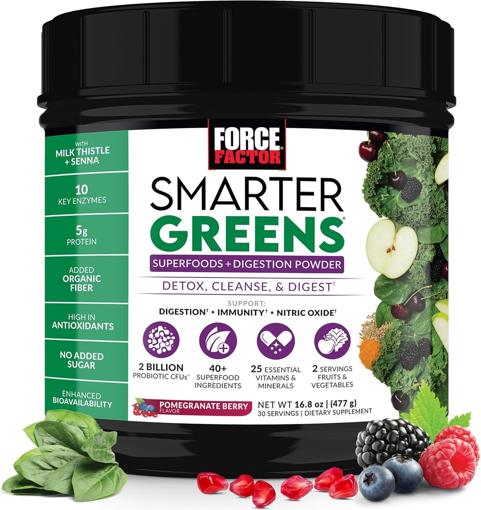 Factor de fuerza Smarter Greens Superfoods Powder para soportar la digestión, Gut Health, Bloating, Greens Powder with Probiotics, Prebiotics, Digestive Enzymes, & Adaptogens, Pomegranate Berry, 30 Servings