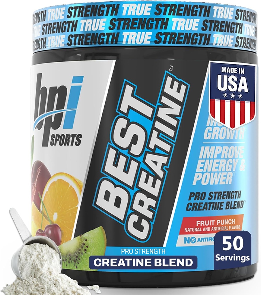BPI Sports Best Creatine - Creatine Monohydrate Powder for Men &amp; Women, Himalayan Salt - Strength, Pump, Endurance, Muscle Growth, Muscle Definition - No Bloat – Fruit Punch – 50 porciones – 10.58 oz