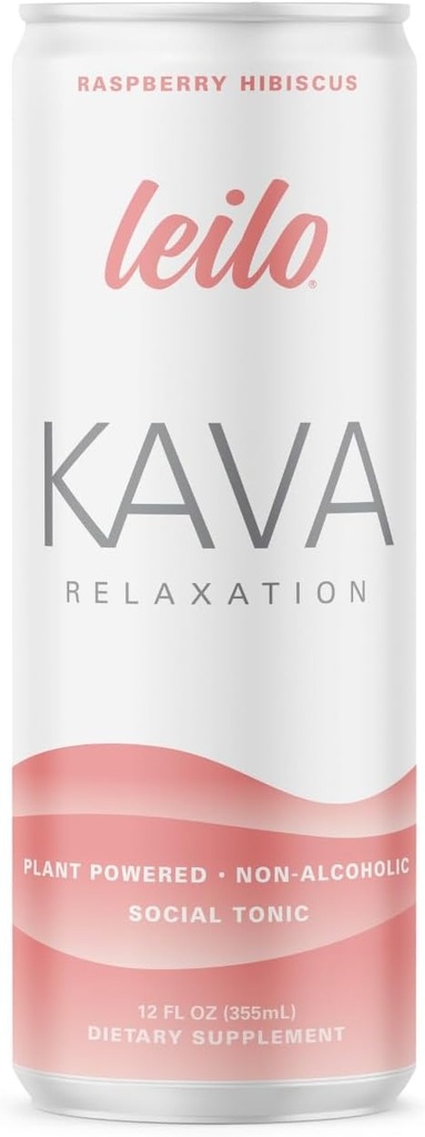 LEILO ← Kava Powered Sparkling Relaxation Drink ← Raspberry Hibiscus 12-Pack - Non-ALC Calming Beverage  12 fl oz Cans (Pack of 12)