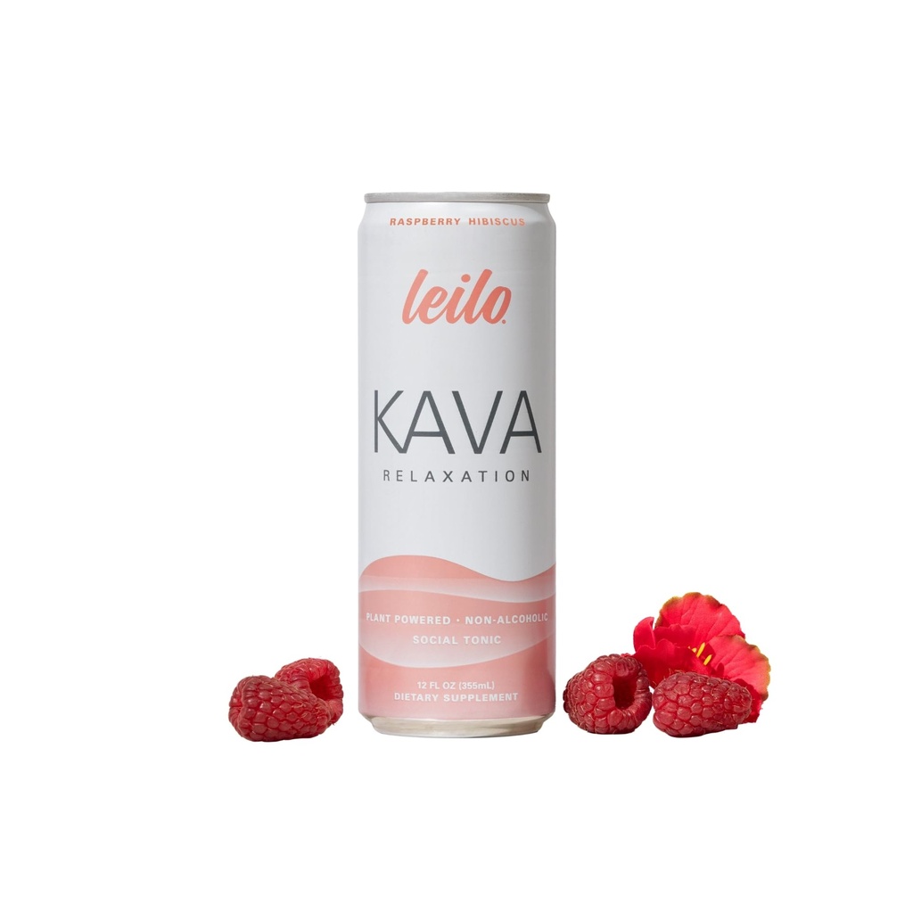 Leilo | Kava Powered Sparkling Relaxation Drink | Raspberry Hibiscus - Non-Alc Calming Beverage | 12 fl oz Cans (Pack of 12)