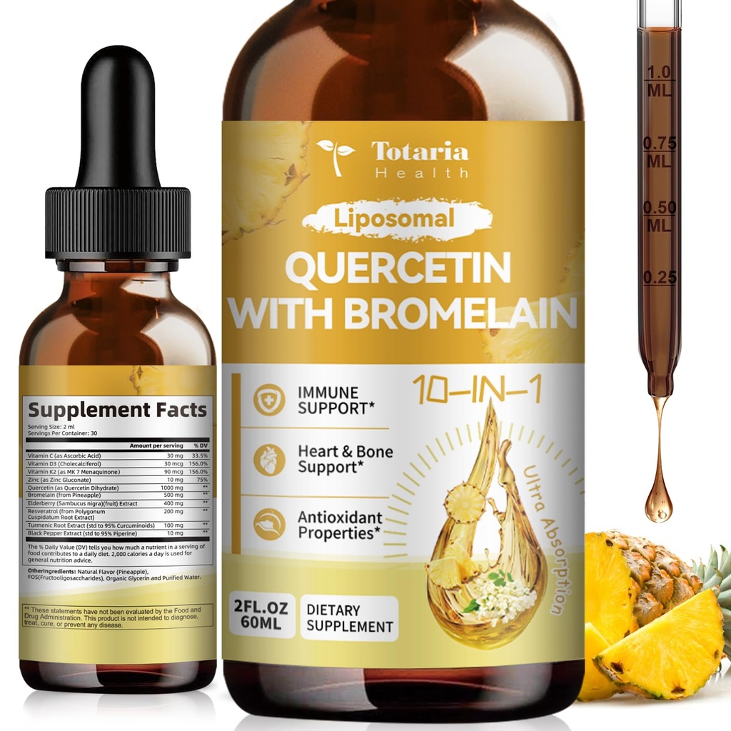 Totaria Liposomal Quercetin with Bromelain Liquid Drops - High Absorption Quercetin 1000mg & Bromelain 500mg Plus Elderberry,Vitamin C,Zinc for Immune & Antioxidant & Heart & Bone Support- 2 Fl Oz