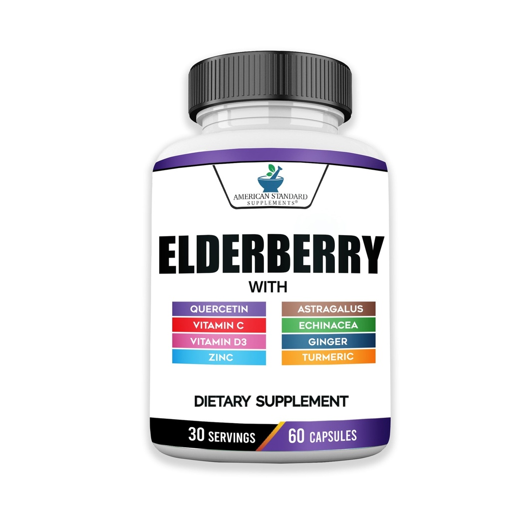 American Standard Supplements Elderberry Extract with Quercetin, Vitamin C, D3, Ginger, Zinc, Turmeric, Astragalus and Echinacea – 60 Capsules, 30 Servings