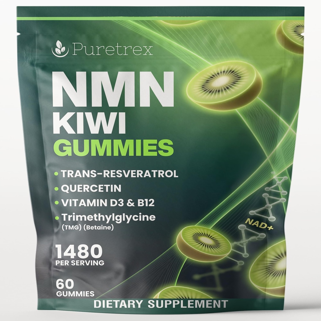 NMN 500mg + Trans-Resveratrol 200mg Kiwi Gummies with TMG, Quercetin, Piperine, Vitamin D3 & B12, 1480 mg Complex Cellular Health*, Longevity* & Energy Support*, 60 Vegan Gummies
