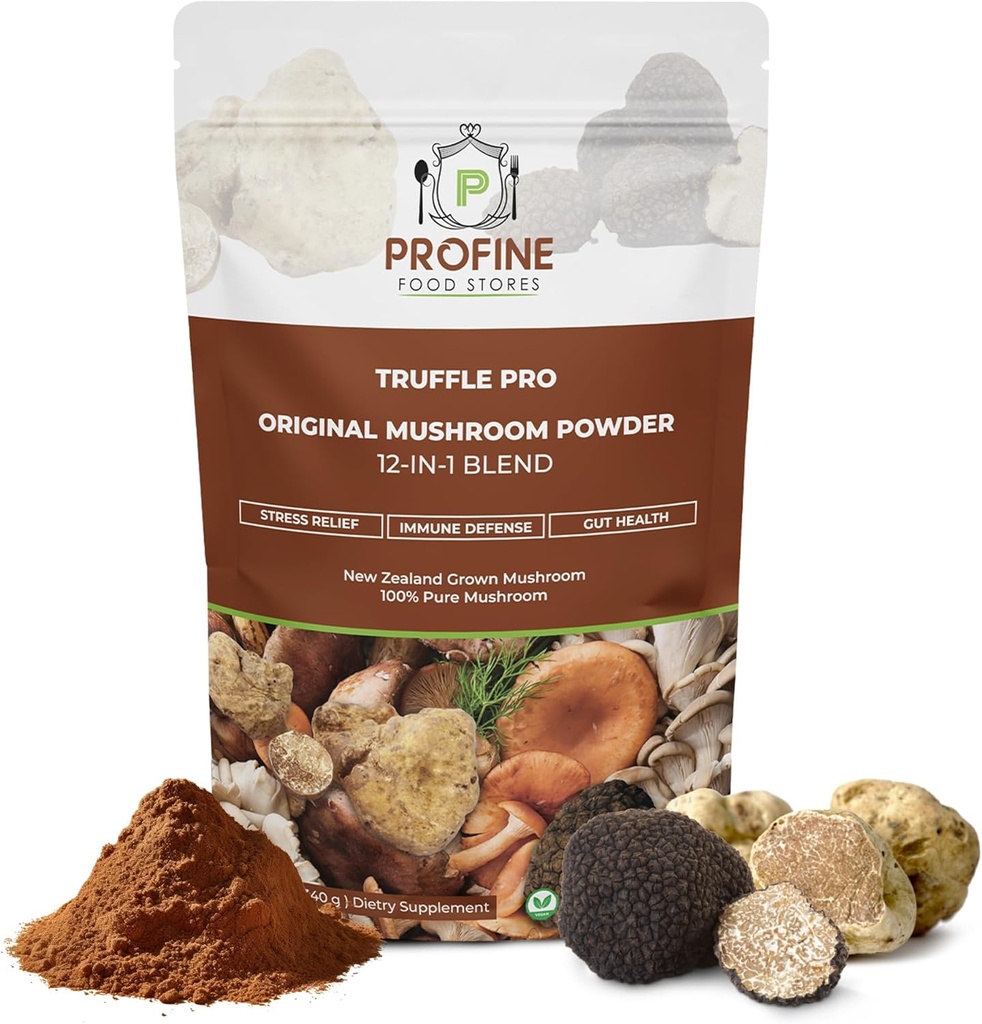 PROFINE Truffle PRO Mushroom Powder 12- in - 1 Super Blend con Trufa Negra y Trufa Blanca - USDA Organic - Suplemento - Añadir a Café/Tea/Smoothies - Whole Mushrooms - Sin rellenos