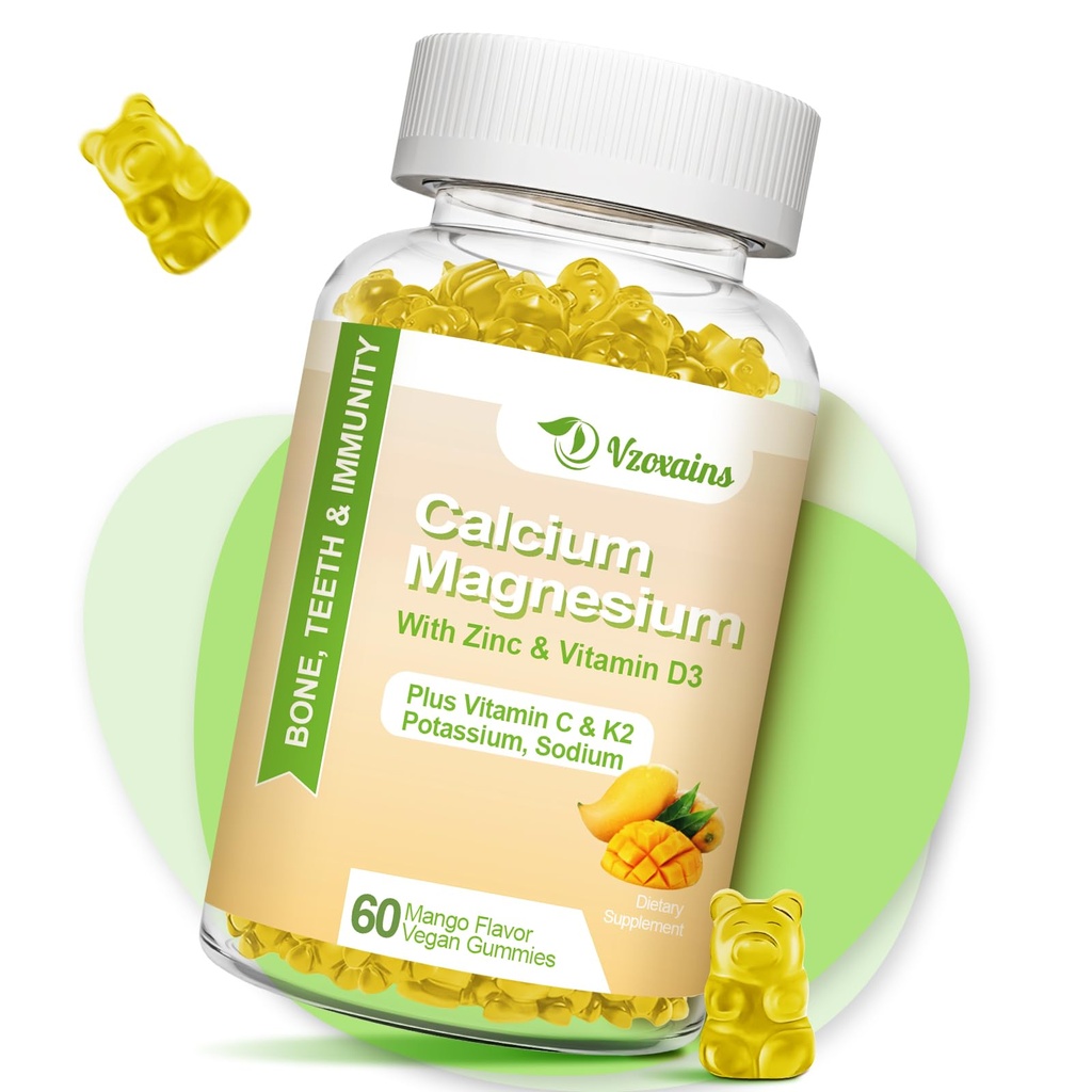 High Absorption Calcium Gummies, Calcium Magnesium Zinc with Magnesium Glycinate, Potassium, Vitamin D3 for Women & Men- Mango Flavor 60 Cts