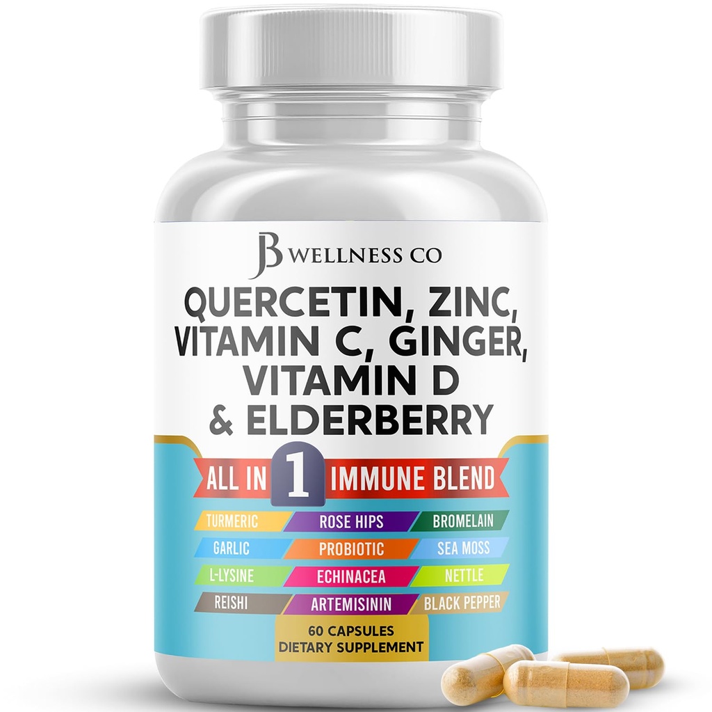 JB Wellness Co Quercetin Zinc Vitamin C Vitamin D Bromelain Elderberry - Nettle Supplement with Artemisinin, Sea Moss, Echinacea - 60 Count
