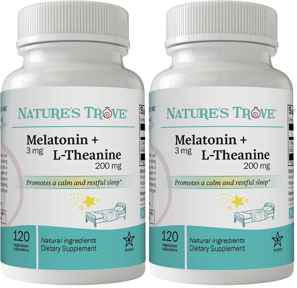 Nature's Trove Melatonin 3mg + L Theanine 200mg – Calm and Relaxation – 120 Kosher Vegetarian Capsules (Pack of 2)