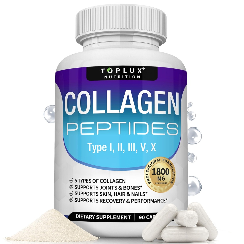 Toplux Multi Collagen Peptides Pills 1800 Mg Complejo - Tipo I, II, III, V, X Complejo Colágeno Premium para una mejor piel " pelo, fuerte articulación, proteína hidrolizada, para hombres mujeres, 90 cápsulas, suplemento