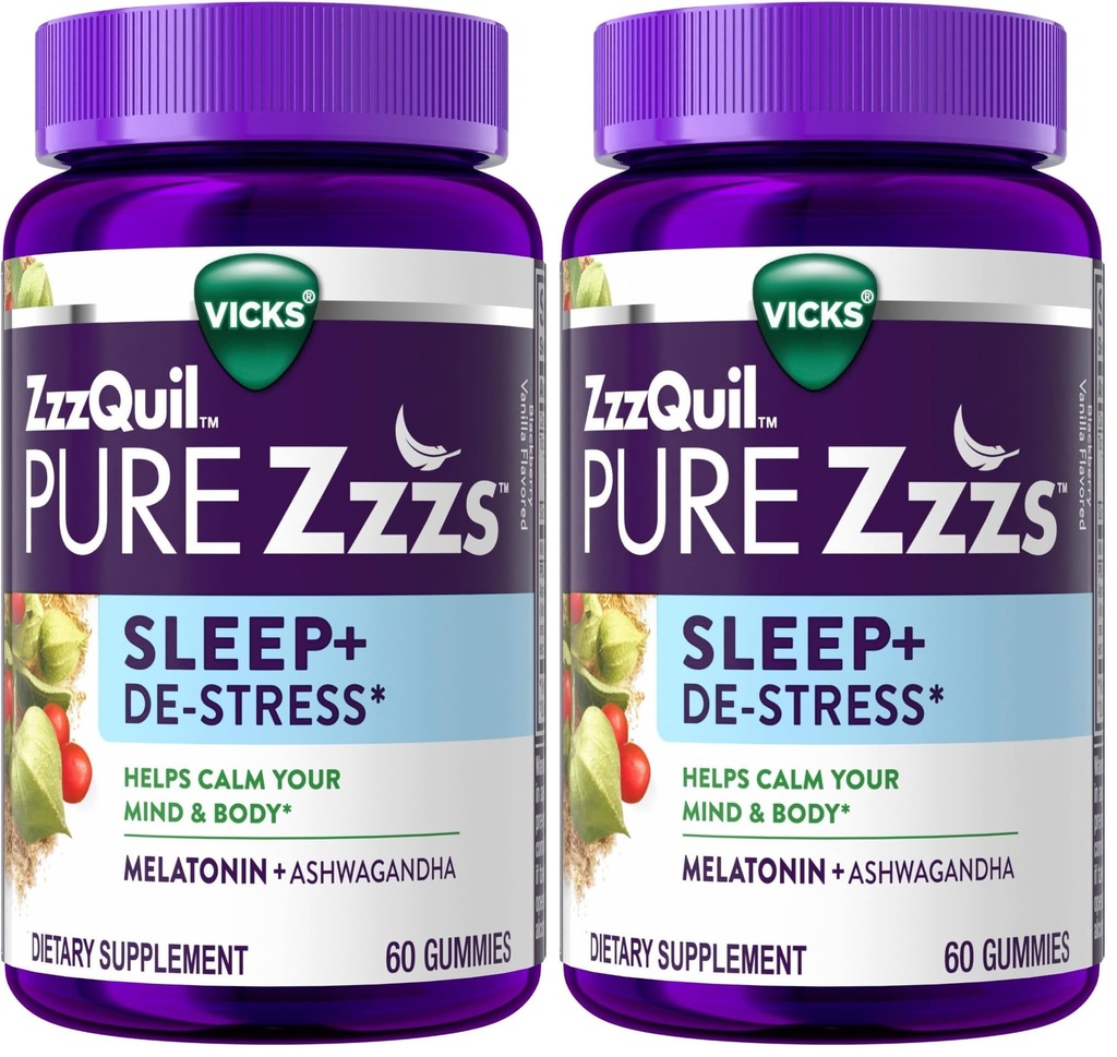 ZzzQuil Pure Zzzs De-Stress 2mg Melatonin Gummies,Sleep Aids for Adults,Ashwagandha for Stress Support,60 Gummies,(Pack of 2)