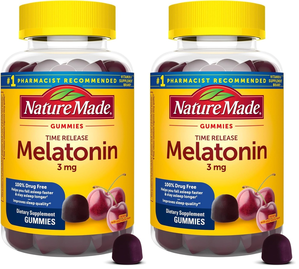 Nature Made Time Release Melatonin 3mg Gummies,100% Drug Free Sleep Aid for Adults,60 Melatonin Gummies,60 Day Supply,(Pack of 2)