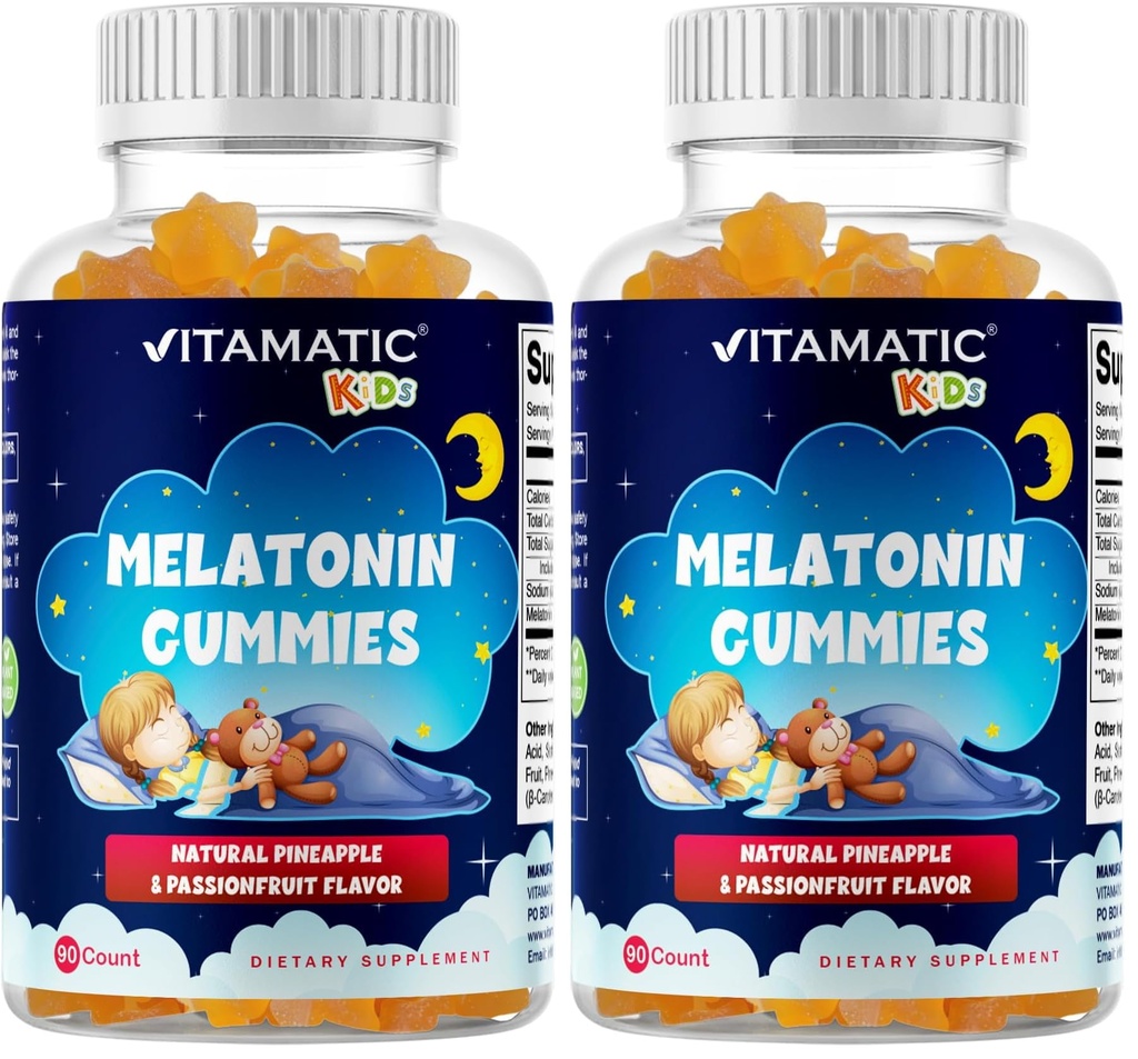 Vitamatic Sugar Free Kids Melatonin 1mg, 90 Gummies, Pineapple & passionfruit Flavored Gummies, 90 Days Supply (Pack of 2)