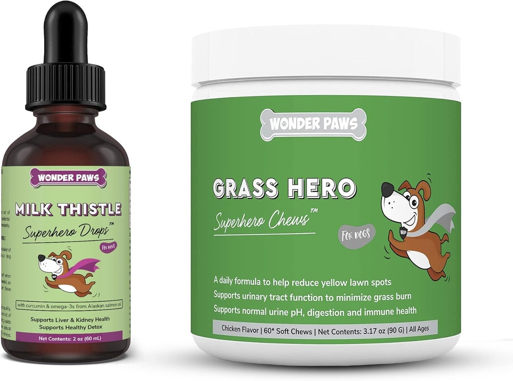 WONDER PAWS Milk Thistle Drops Plus Grass Hero Soft Chews - para perros Liver y Kidney Support, Detox &amp; Urinary Tract Health - Milk Thistle 2 Ounces - Grass Hero 60 Chews