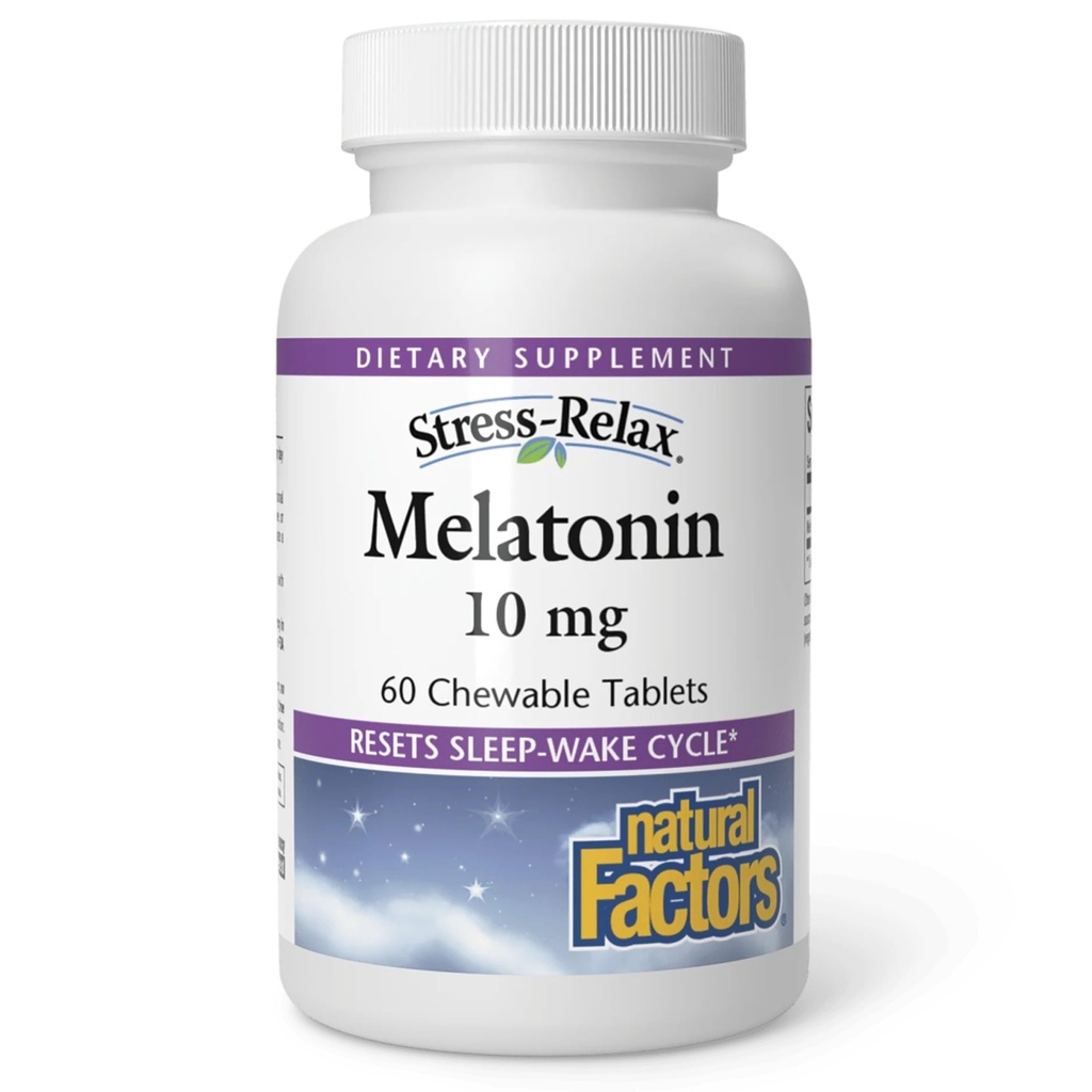 Stress-Relax Melatonin 10 mg by Natural Factors, Natural Sleep Aid, Resets the Sleep-Wake Cycle, 60 chewable tablets (60 servings), Peppermint Flavor