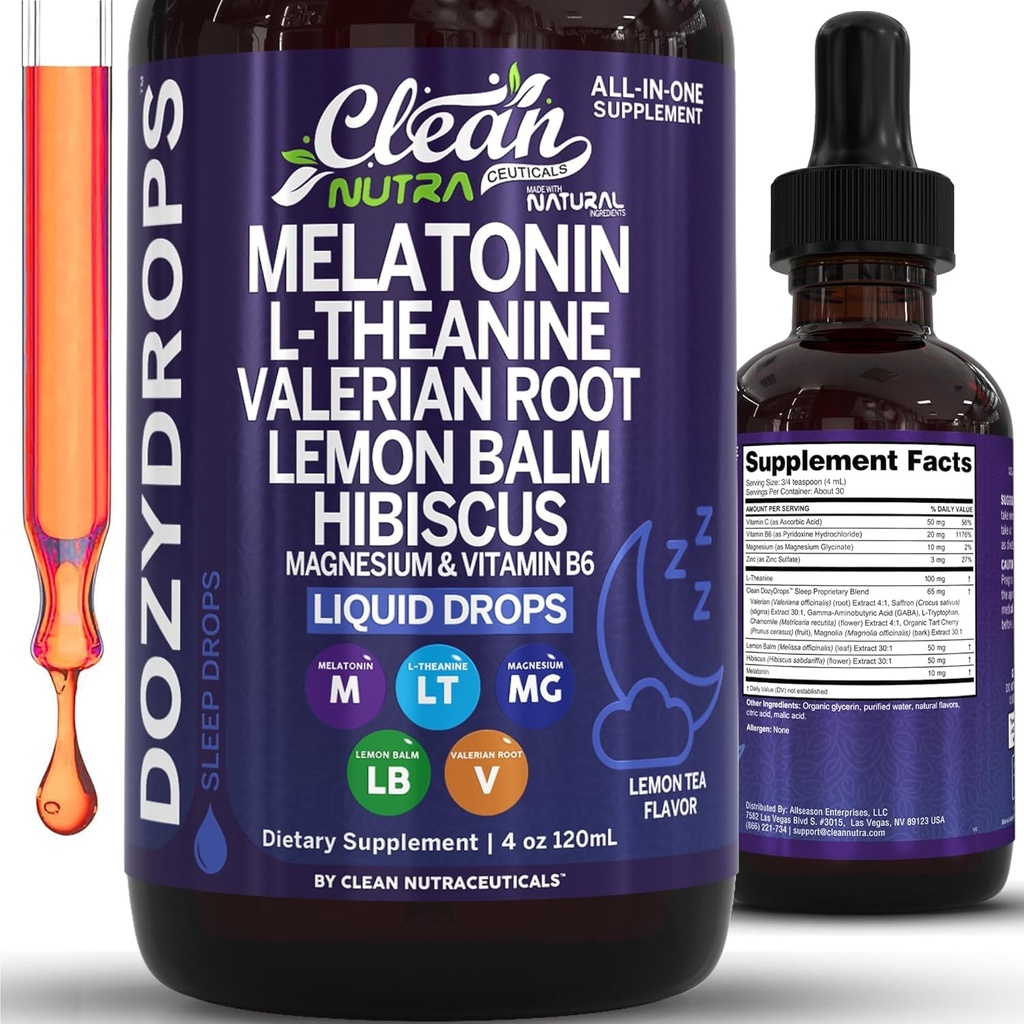 Clean Nutra Melatonin 10mg Drops Magnesium Vitamin B6 L-Theanine Valerian Hibiscus Lemon Balm Supplement Liquid Sugar-Free Vegan Non-GMO Natural Sleep Support Aid Lemon Tea Flavor 120mL Formula
