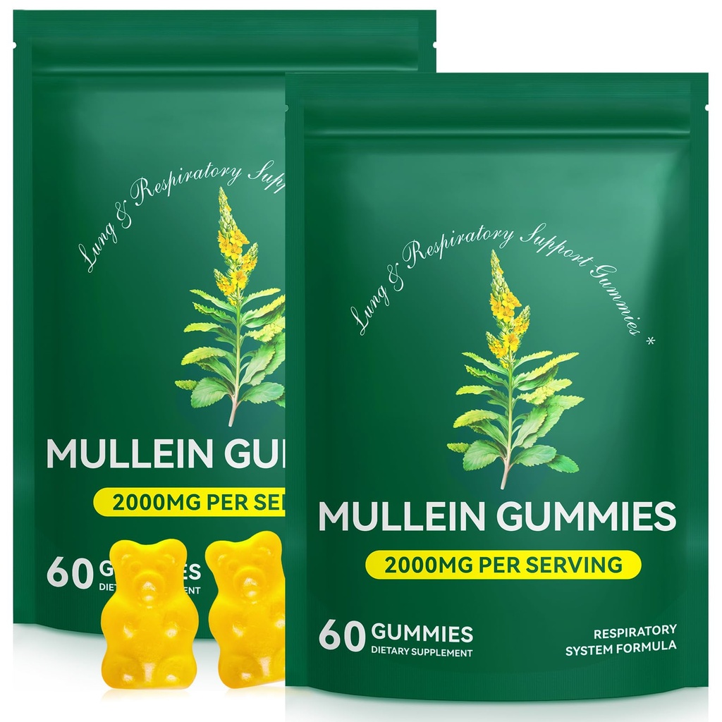 Mullein Gummies for Lung Detox, 2000mg Mullein Leaf Extract for Respiratory & Digestive & Immune Support w/Quercetin, Bromelain, Elderberry & Marshmallow, Vegan 120 Gummies (2 packs 120 gummies)