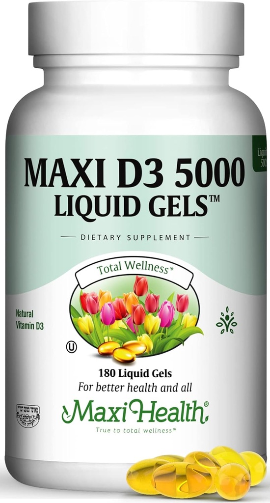 Maxi Health D3 5000 Líquidos - Vitamina Natural D3 - Suplemento Nutricional - 180 cápsulas - Kosher