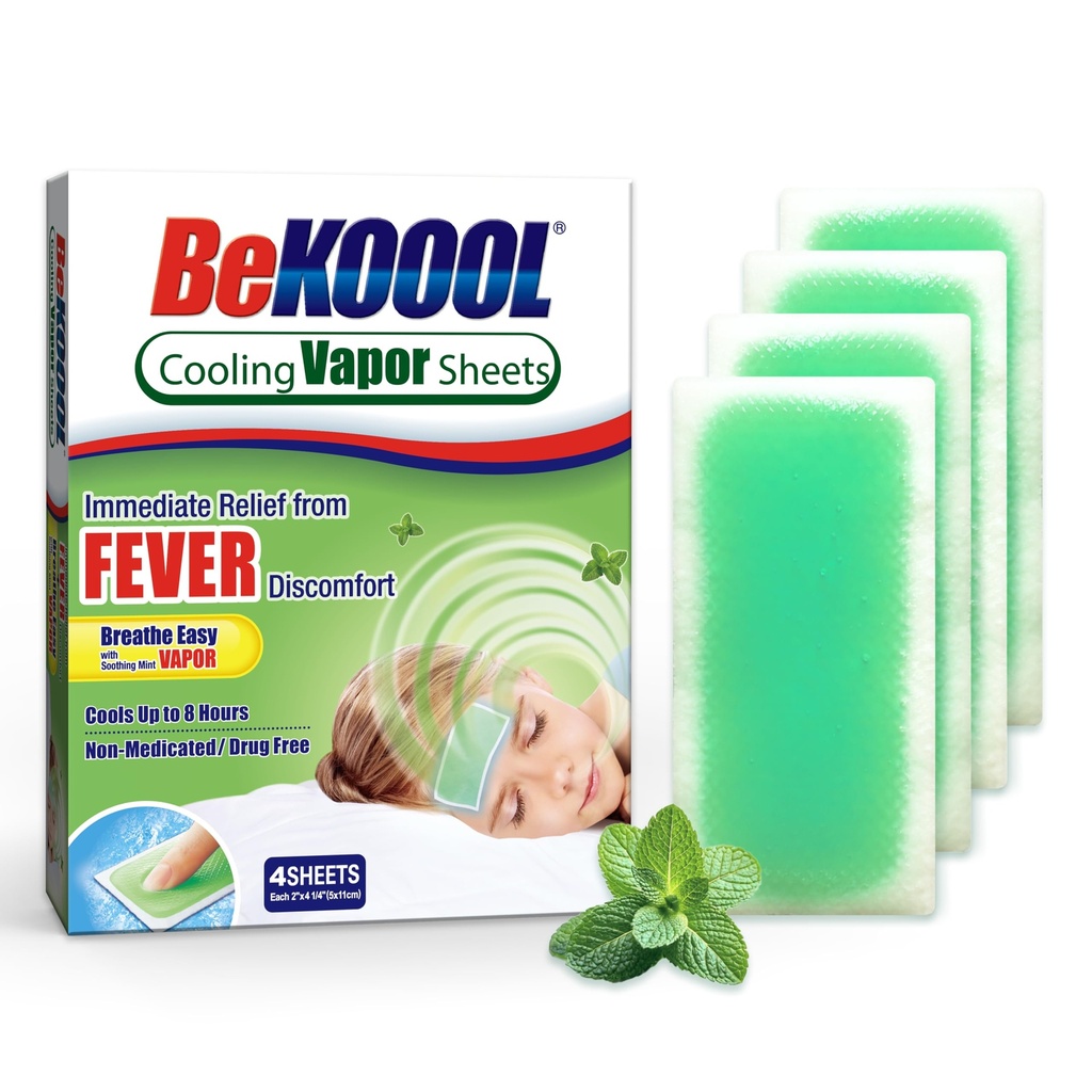 BeKoool Kids Fever Non-Medicated Cooling Mint Vapor Sheets | 4 Count