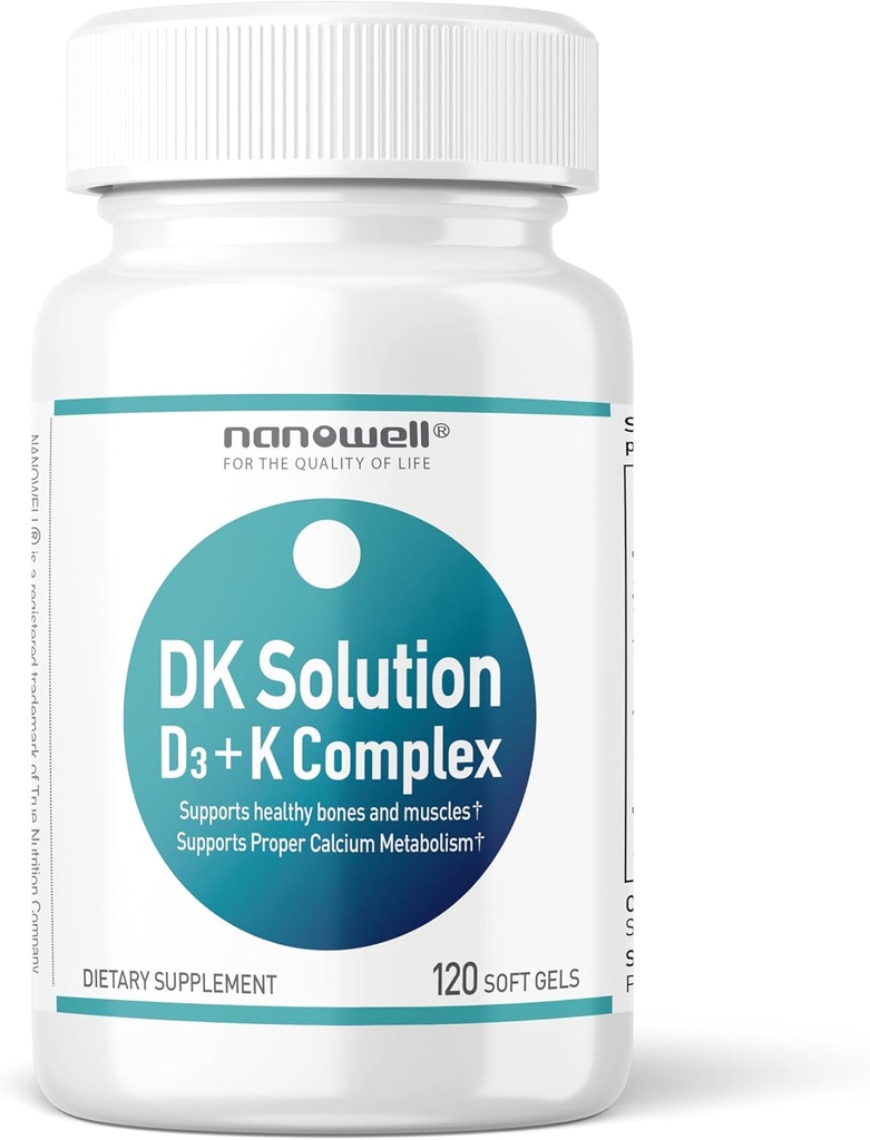 Solución NANOWELL DK Vitamina D3 2000 UI (50 mcg) + Complejo K - Suplemento dietético para bonificación, músculo y soporte de salud inmunológico - 120 Softgels, 120 Day Supply