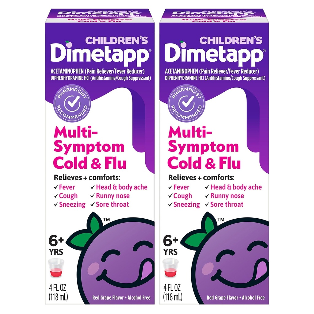 Children’s Dimetapp Multi-Symptom Cold & Flu Medicine, Antihistamine, Cough Suppressant, Relieves Fever, Cough, Sneezing, Head & Body Ache, Sore Throat, Grape Flavor, Alcohol-Free, 4 FL OZ (Pack of 2)