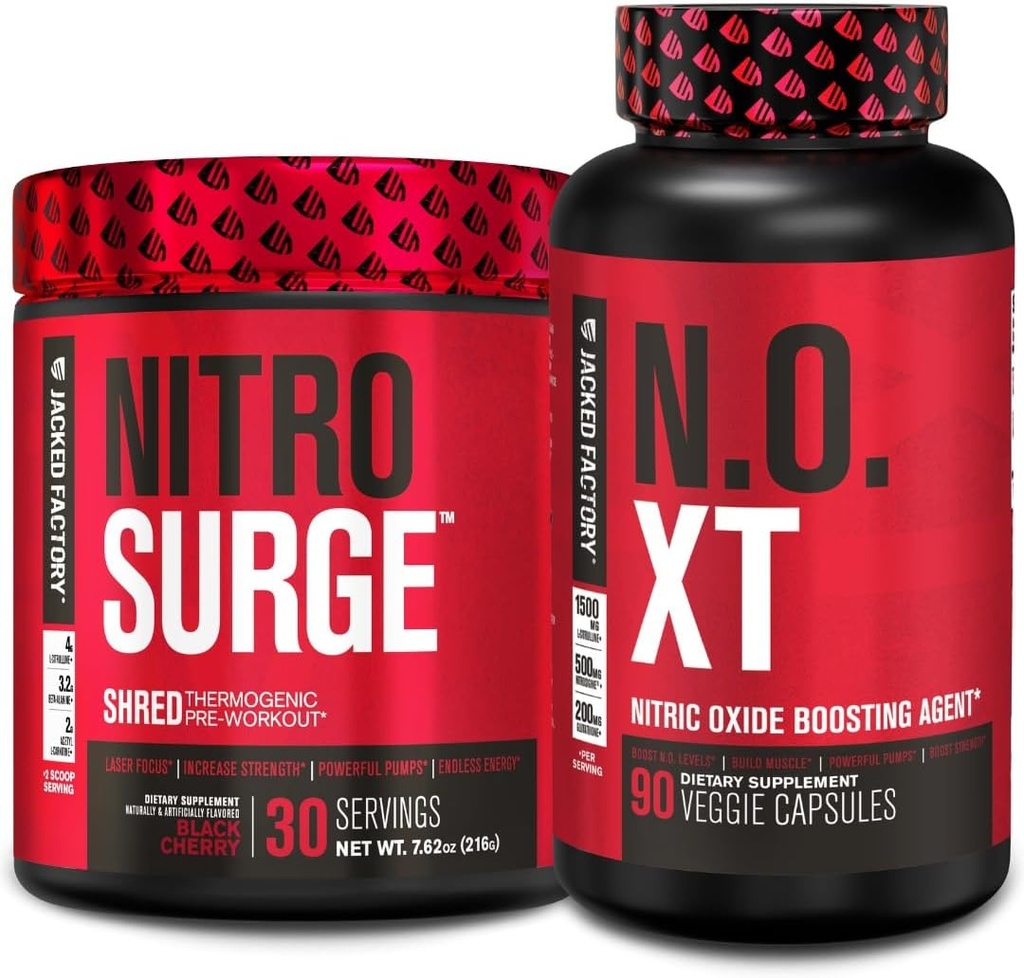 Jacked Factory Nitrosurge Shred Thermogenic Pre-Workout in Black Cherry &amp; N.O. XT Nitric Oxide Booster for Men &amp; Women