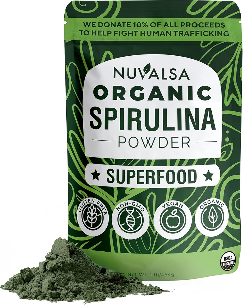Nuvalsa Organic Spirulina Powder 1lb – 100% Puro Superfood Suplemento de Blue Green Algae Non GMO para Smoothie " Protein Drink, Vegan " USDA Certified Organic - 100 Servings