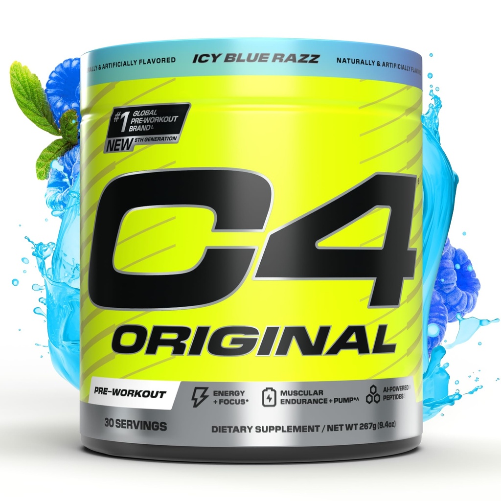 Cellucor C4 Original Pre Workout Powder Sugar Free for Men & Women 200mg Caffeine + CarnoSyn Beta-Alanine + Creatine + AI Peptides - ICY Blue Razz, 30 Servings