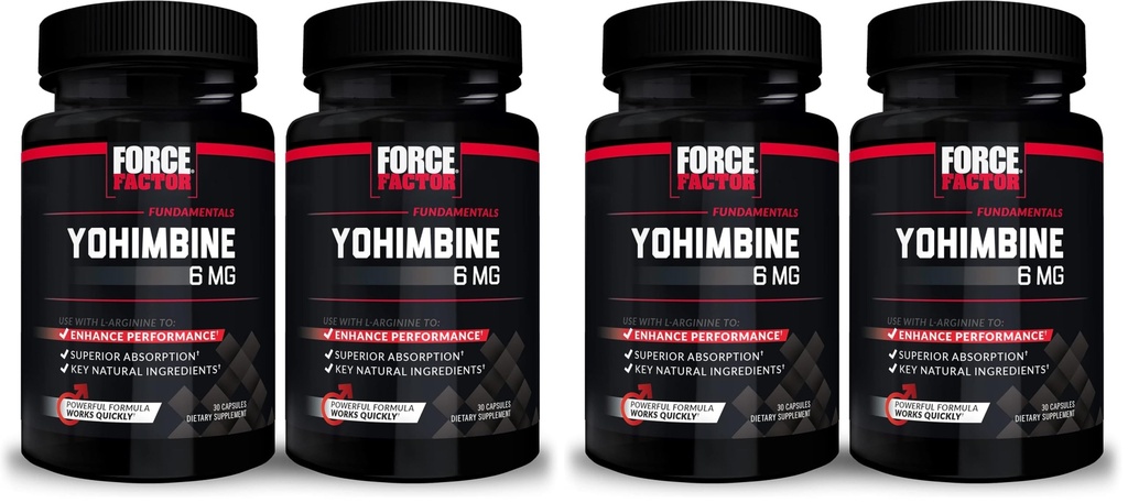 Force Factor Yohimbine Supplement for Men, Yohimbe Bark Extract with Superior Absorption to Enhance Performance, 6mg Yohimbine Bark Pills with Key Natural Ingredients, 30 Count (Pack of 4)